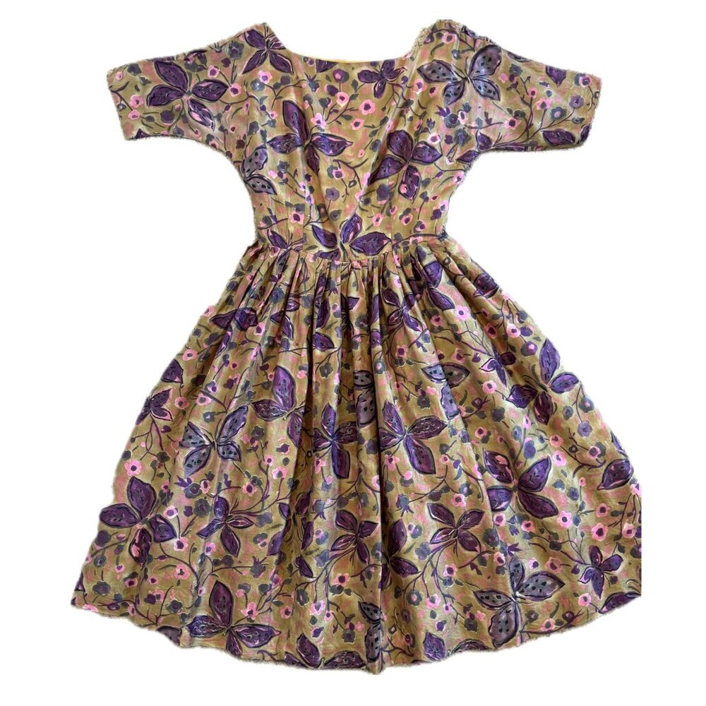 Silk Midi Dress Short Sleeve Gold Purple Pink Retro A Line Bouffant Shape